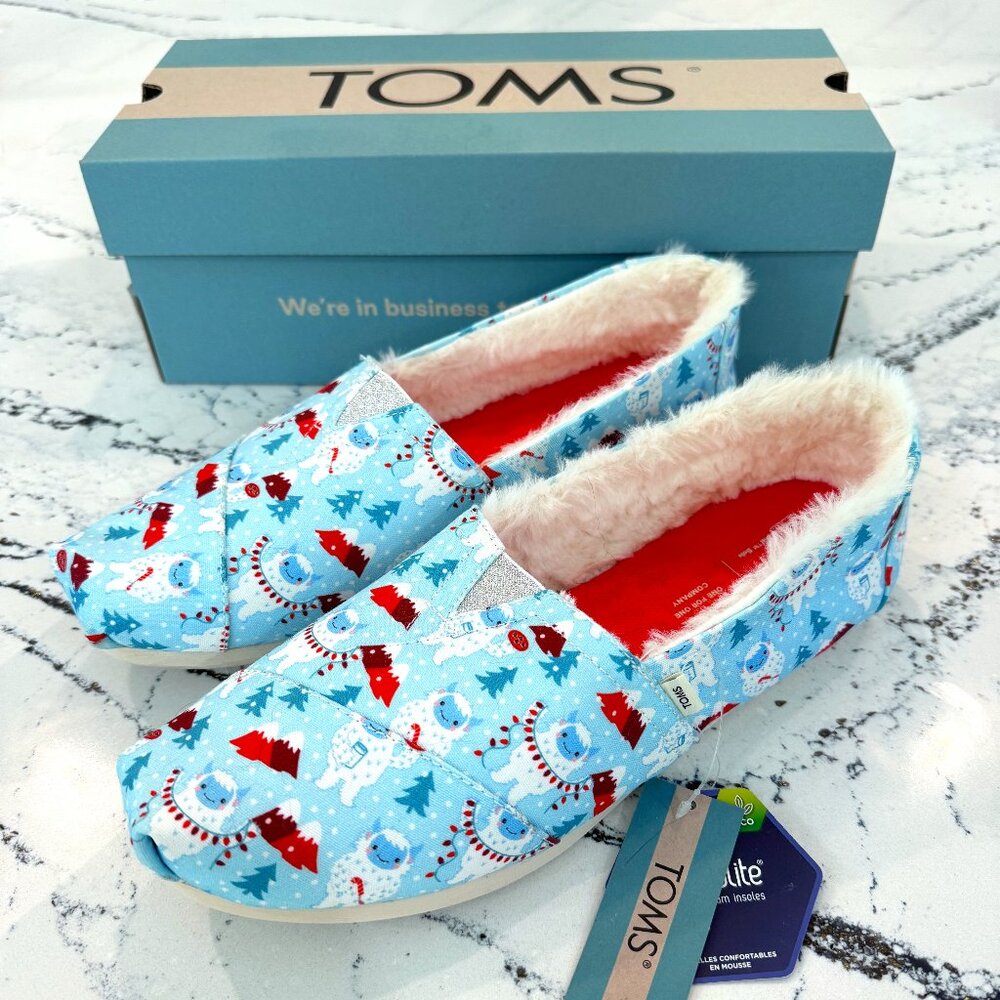 TOMS Alpargata Clearwater Blue Snow Yeti Print Slip Ons Size 10